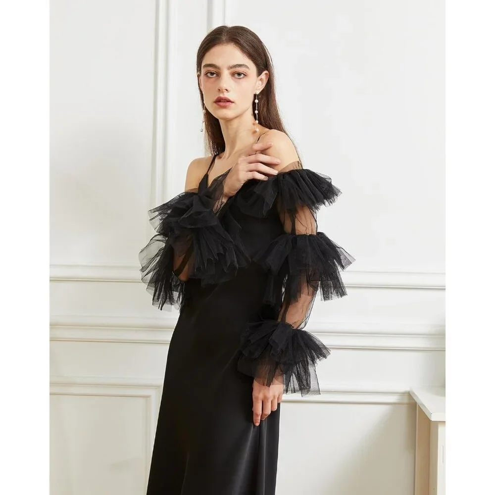 Women's Black Satin Tulle  Ruffled Puff Long Gloves Banquet Wedding Party